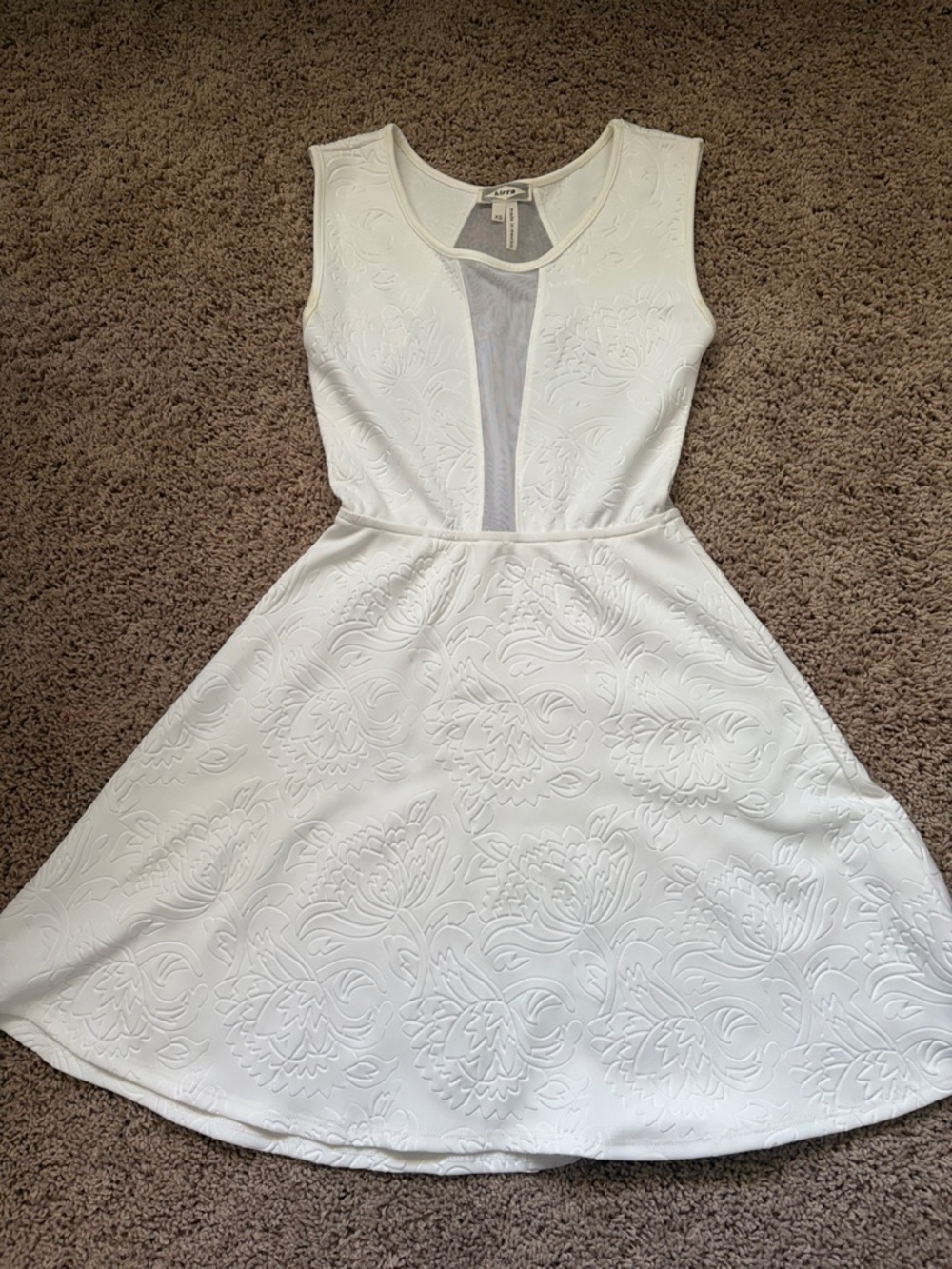 Kirra White Embossed Floral A-Line Mini Dress with Center Mesh Panel